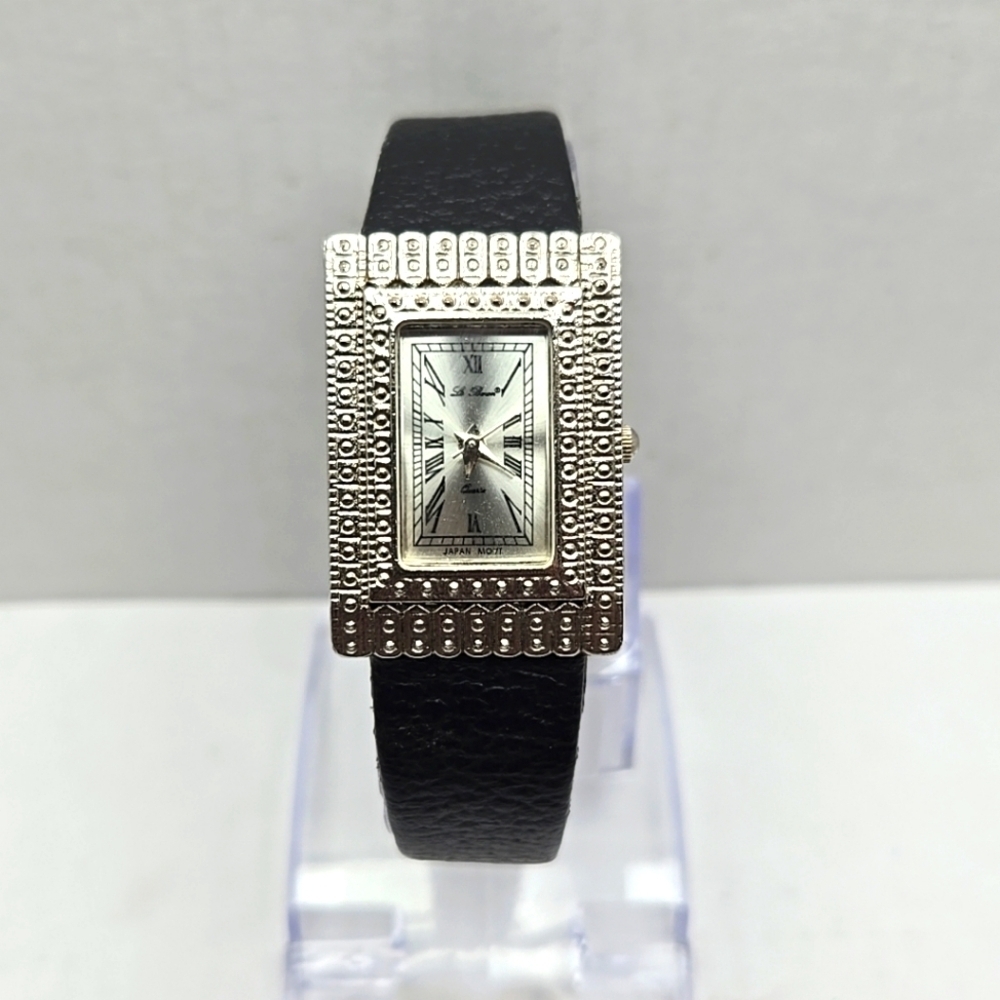 Womens Vintage Le Baron Marcasite Tank Watch Silver Tone Black New Battery